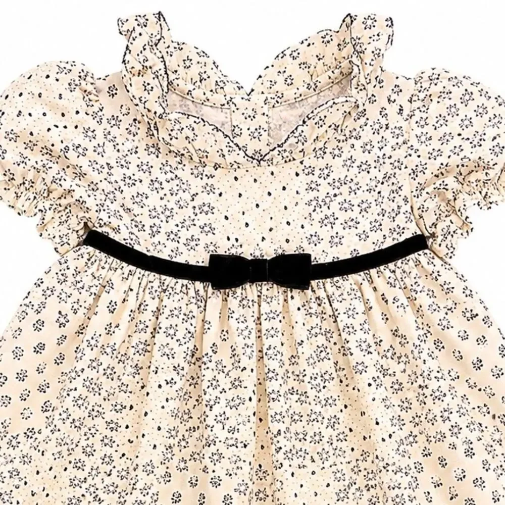 Janie and Jack Baby Girl Cream Floral Dress Black Velvet Bow 18-24 Months